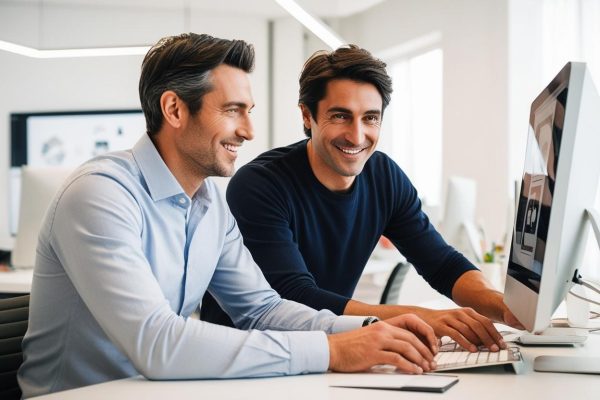 mi serve una foto con un cliente affiancato da un designer razza italiana al computer per supporto creativo di design mi serve una foto con un cliente affiancato da un designer razza italiana al computer per supporto creativo di design